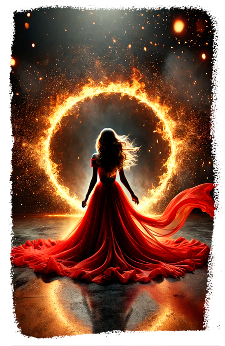 Mulher de vestido vermelho diante de um círculo de fogo