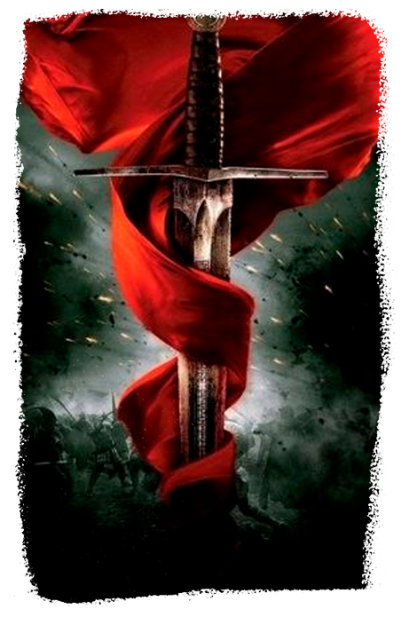 Espada prateada envolta em tecido vermelho