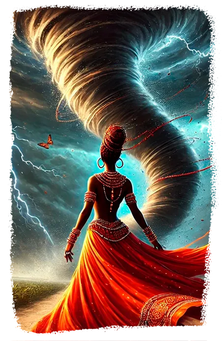 Ilustração de Iansã de costas, vestida de vermelho, diante de um tornado com raios