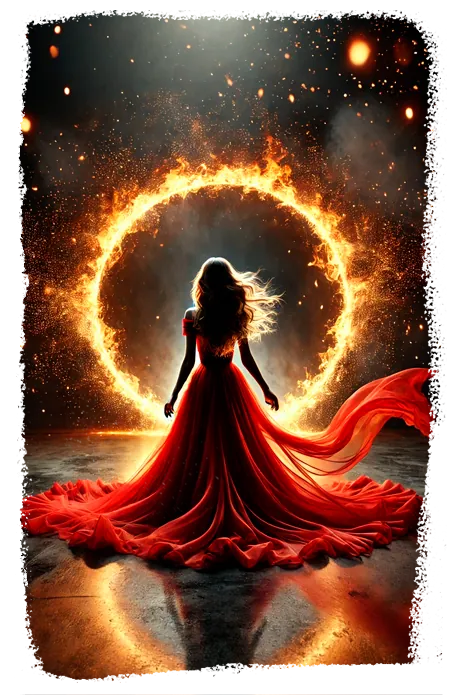 Mulher de vestido vermelho diante de um círculo de fogo