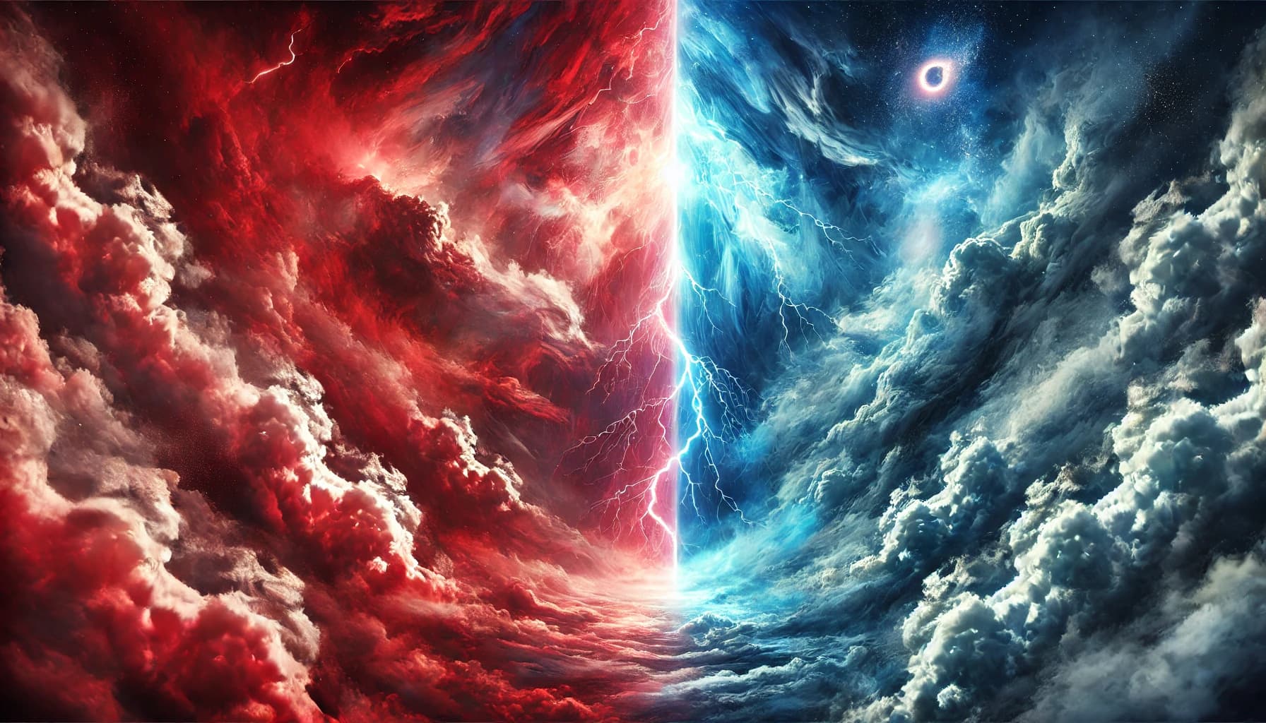 Céu dividido entre nuvens vermelhas e azuis cortado por um raio