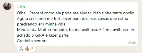 Depoimento de Júlio no WhatsApp sobre a Imersão com Iansã