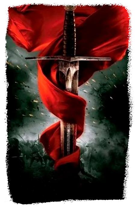 Espada prateada envolta em tecido vermelho