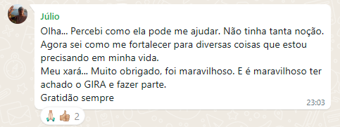 Depoimento de Júlio no WhatsApp sobre a Imersão com Iansã