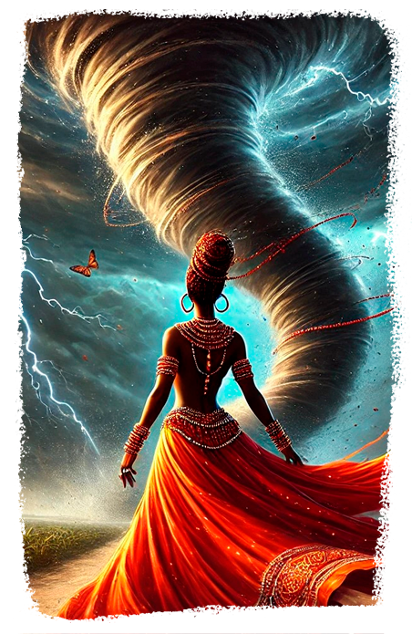 Ilustração de Iansã de costas, vestida de vermelho, diante de um tornado com raios