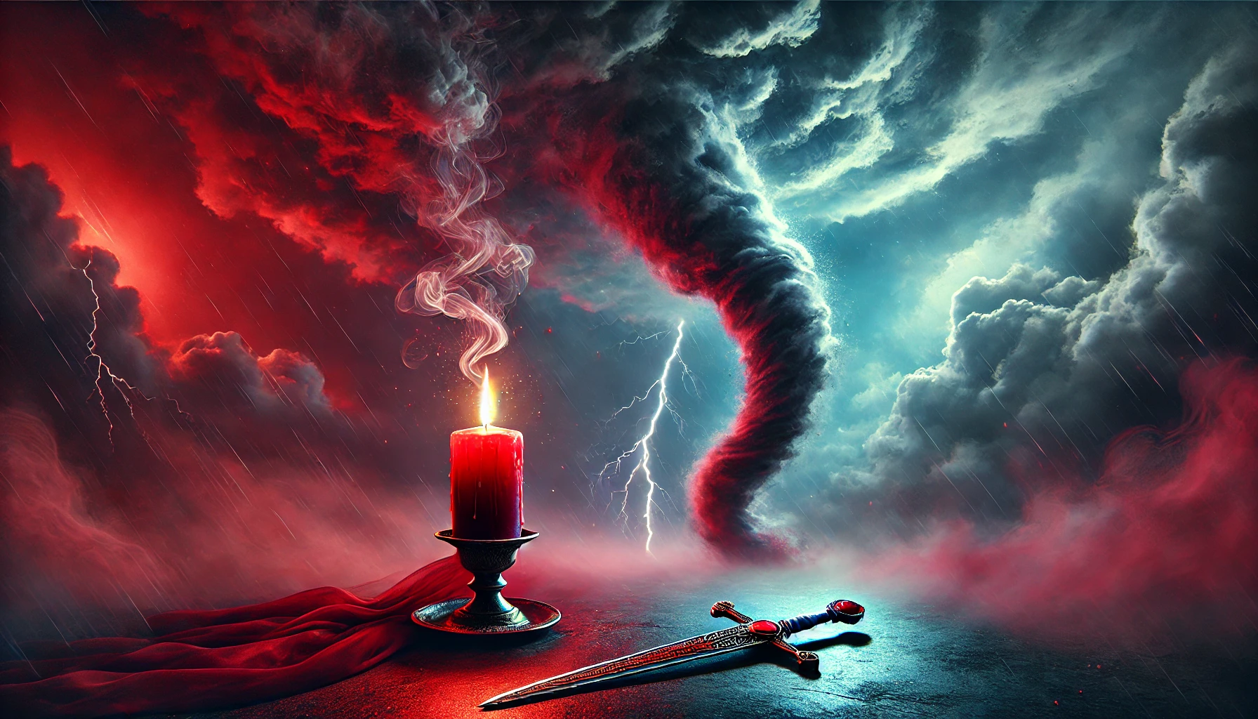 Vela vermelha acesa e espada diante de um tornado, cena de ritual dedicado a Iansã
