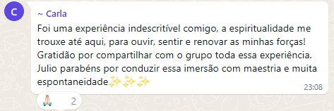 Depoimento de Carla no WhatsApp sobre a Imersão com Iansã